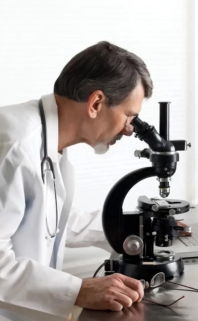 Scientist analyzing MemoMaster formula under microscope